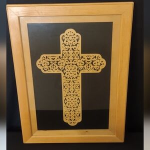 Beautiful Handmade Scrollwork Framed Wooden Cross 22.5" x 16.5"